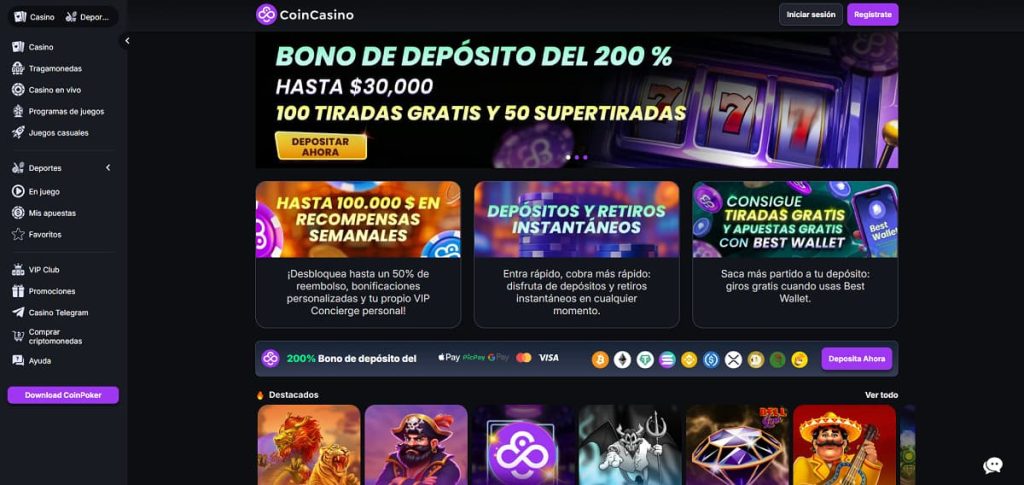 Captura de pantalla de CoinCasino mostrando un bono de depósito del 200% hasta $30,000 y una sección de 'Top Games' con Gates of Olympus.