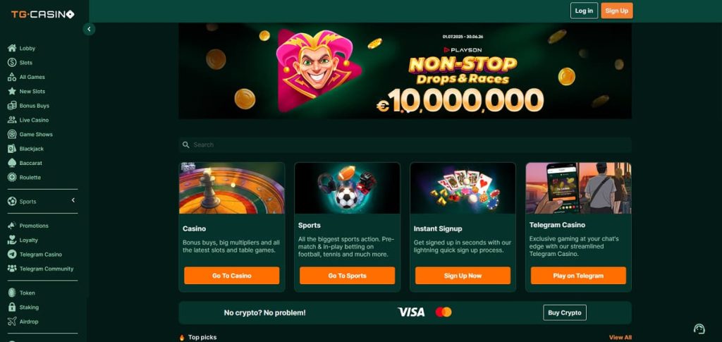 TG Casino inicio con banner de Playson “Drops & Races” con premio de €10M. Navegación incluye slots, casino en vivo, deportes, promociones y opción de jugar en Telegram.